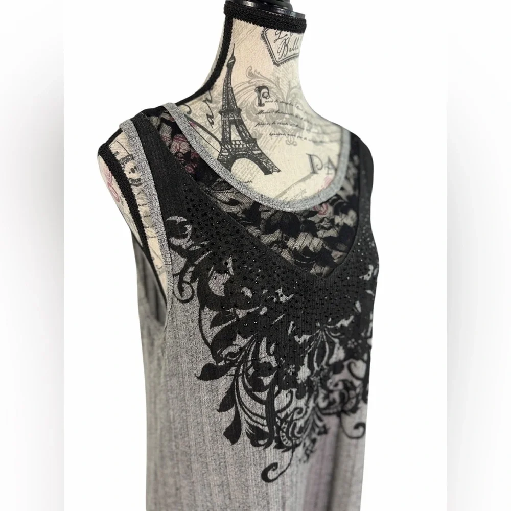 Vocal Embellish Boho Gray & Black Lace Hi-Lo Tunic Top Size L - Whimsigoth Style - Picture 3 of 9